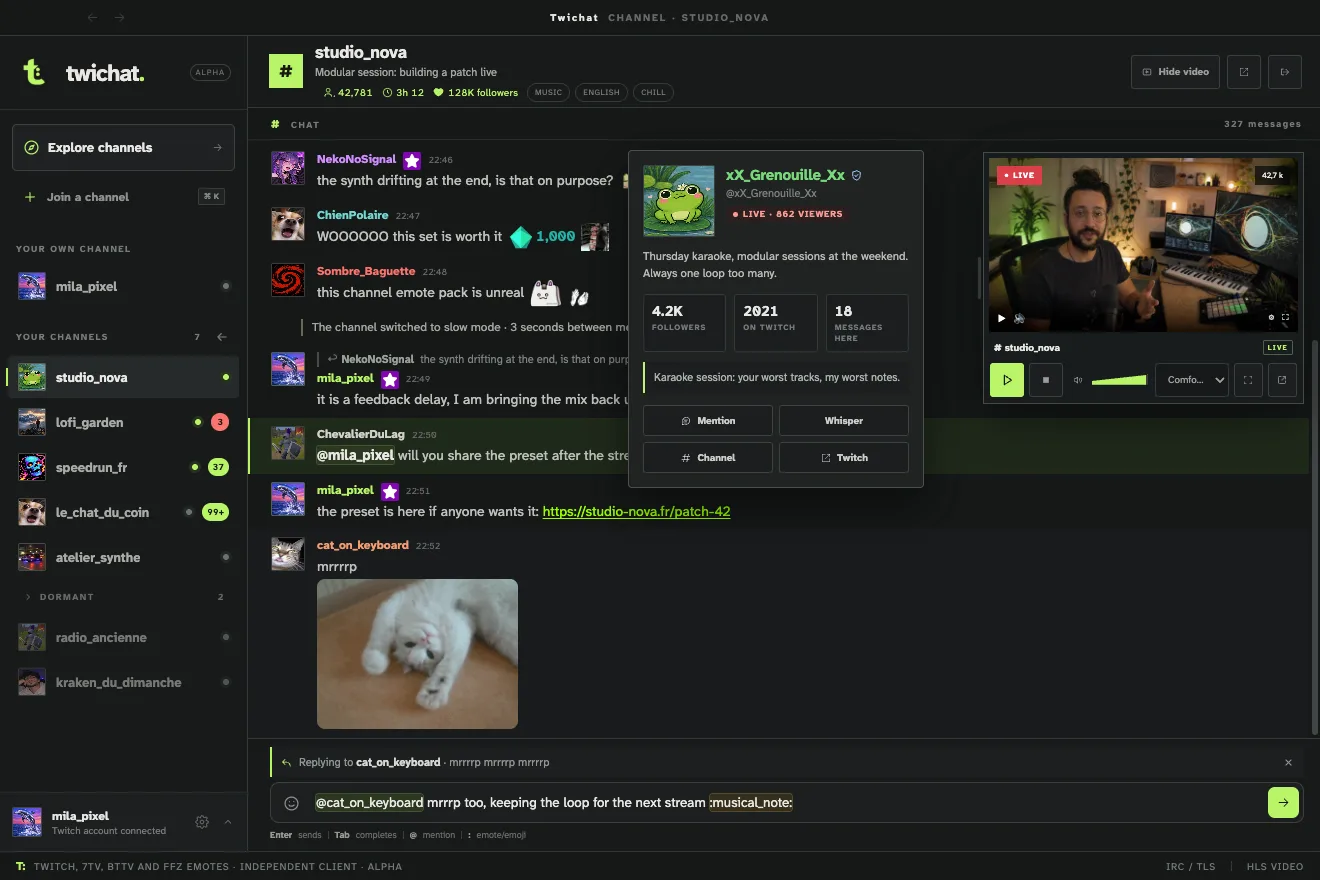 Twichat open on a busy channel: messages with avatars, badges, emotes and quoted replies in the centre, a regular's profile card on hover, and the stream in a compact player on the right