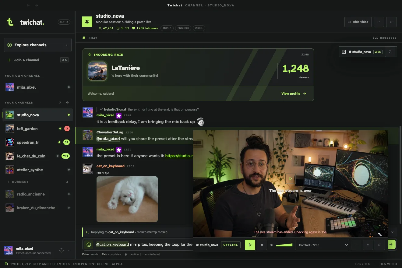 The stream moved out into its own window, sitting in front of the main window where chat then takes the full width.