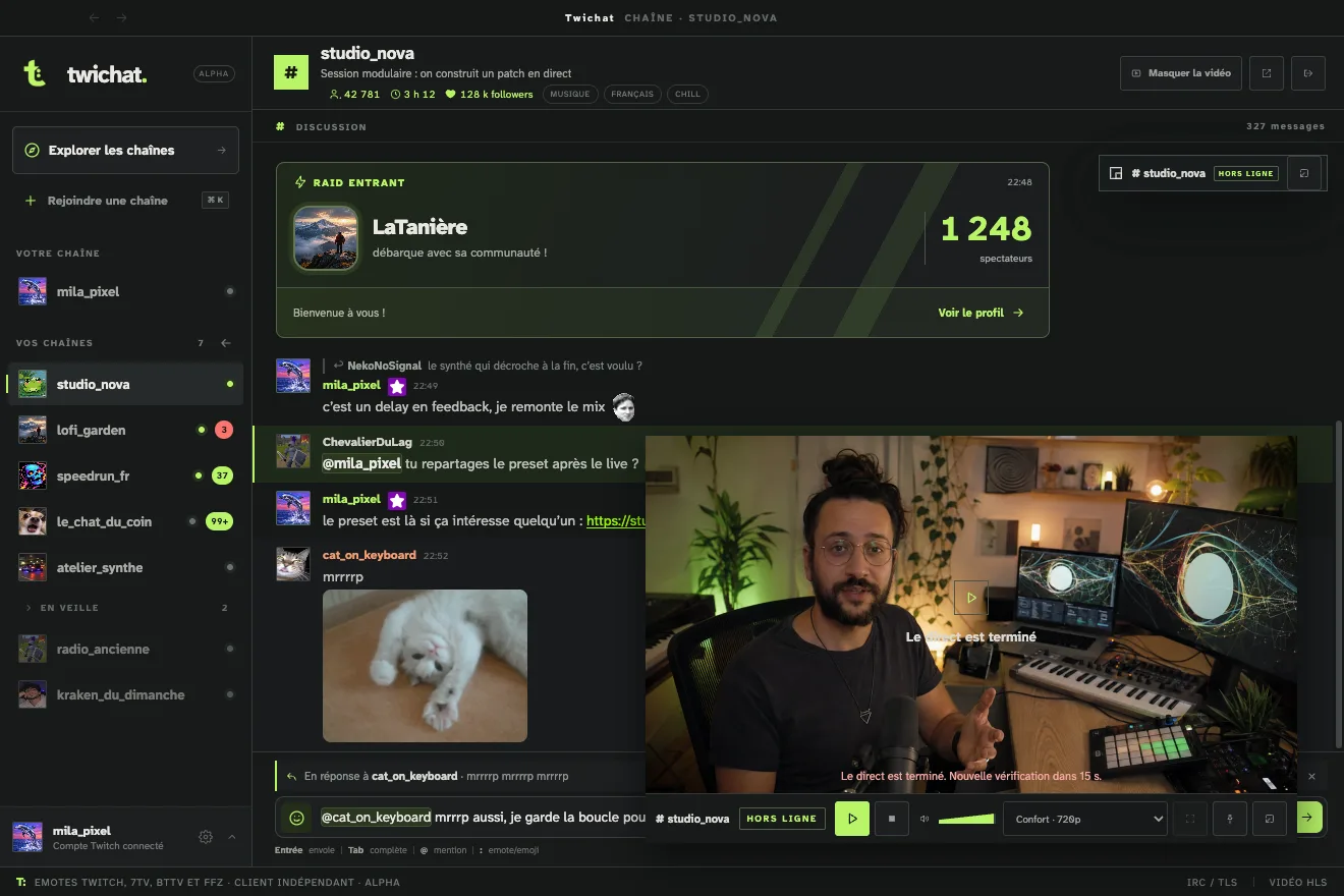 Le stream sorti dans sa propre fenêtre, posée devant la fenêtre principale où le chat occupe alors toute la largeur.