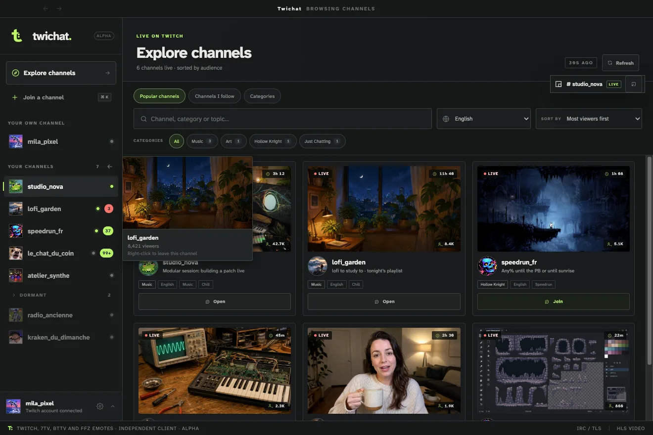 The browse view: a grid of live channels, each with its thumbnail, audience, time on air, category, tags and a button to join it.