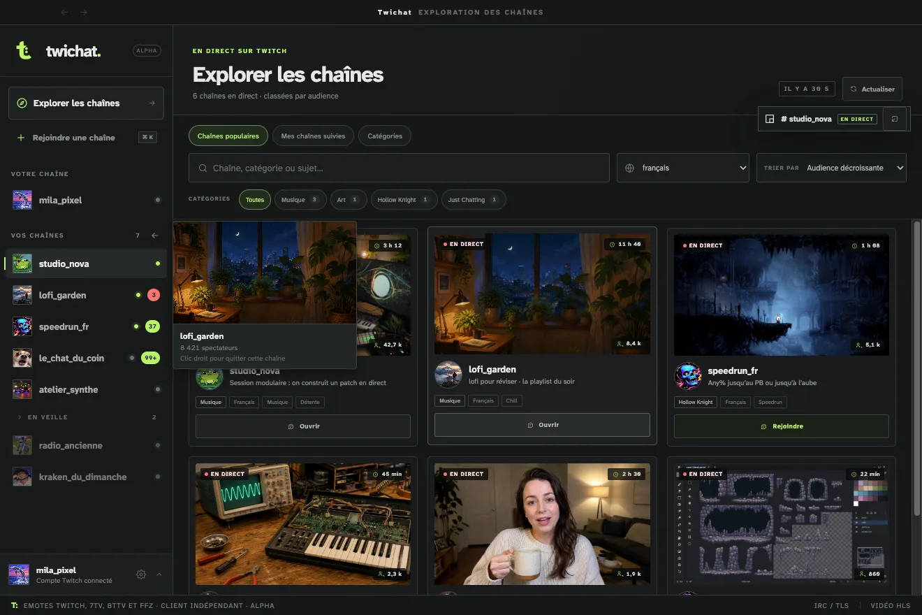La vue Explorer : une grille de chaînes en direct, chacune avec sa vignette, son audience, la durée de son direct, sa catégorie, ses étiquettes et un bouton pour la rejoindre.