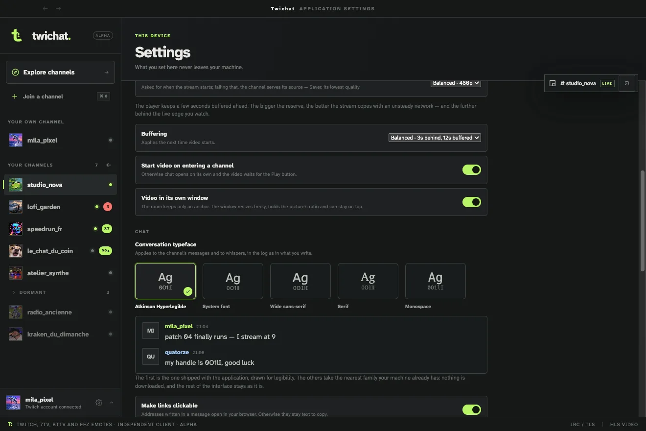 The settings panel: interface language, appearance, channel list and video playback, with the note that these choices never leave the machine.