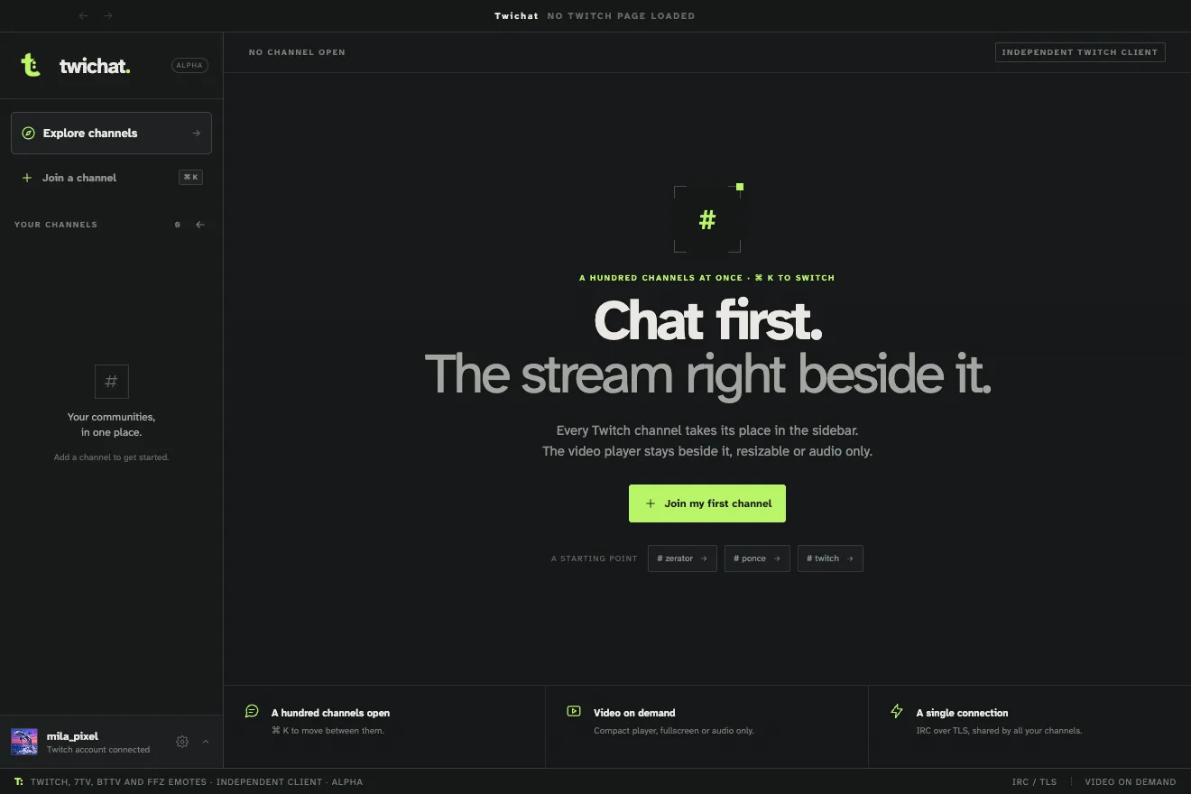 The Twichat welcome screen for a signed-in account that has not joined a channel yet, with the button to add one.