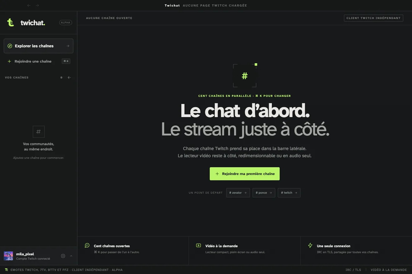 L’accueil de Twichat pour un compte connecté qui n’a encore rejoint aucune chaîne, avec le bouton pour en ajouter une.